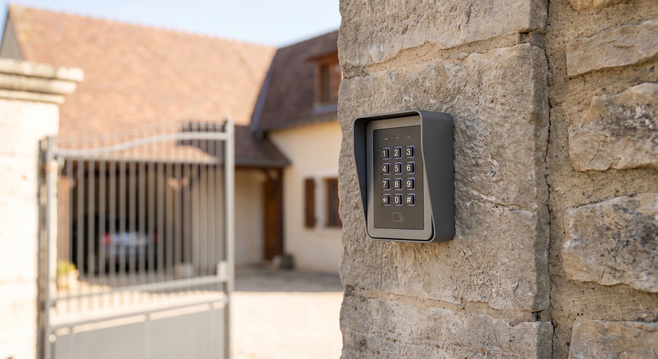 Lecteur de badge RFID moderne fixé sur le pilier en pierre à l'entrée d'une propriété résidentielle, boîtier gris métallique avec clavier numérique 12 touches visible, mur en pierre naturelle avec joints de mortier, installation professionnelle nette et visible en lumière naturelle.