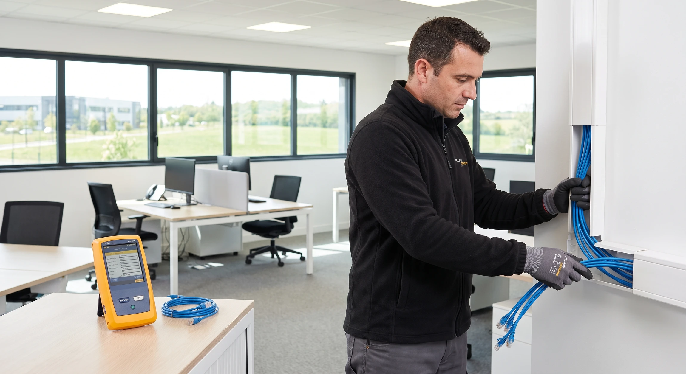 Électricien professionnel en tenue noire dans un espace de bureau lumineux tertiaire, manipulant précisément des câbles RJ45 bleus en goulotte électrique murale, testeur de câblage réseau à proximité, installation de réseaux informatiques structurés en environnement bureau moderne.