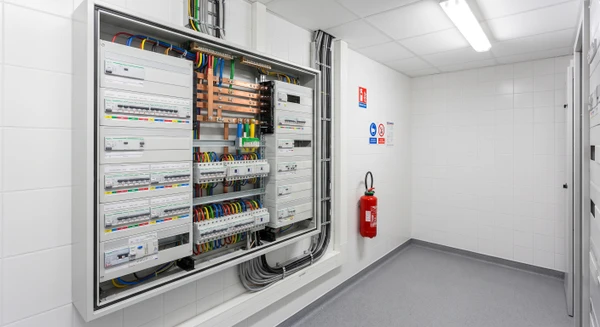 Armoire électrique murale de marque Schneider Electric ou Legrand, ouverte, révélant disjoncteurs modulaires et jeux de barres, fixée dans une pièce technique d'établissement hospitalier aux murs blancs. Environnement lumineux, propre et conforme. Signalétique sécurité incendie visible. Pas de personnage, pas d'équipement de protection lourd. Installation tertiaire médical.