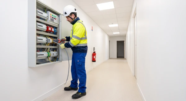 Électricien professionnel raccordant des câbles électriques blindés multiconducteurs à une armoire de gestion système de sécurité incendie murale dans un couloir tertiaire blanc lumineux, avec l'armoire équipée de disjoncteurs et connecteurs spécialisés visibles.