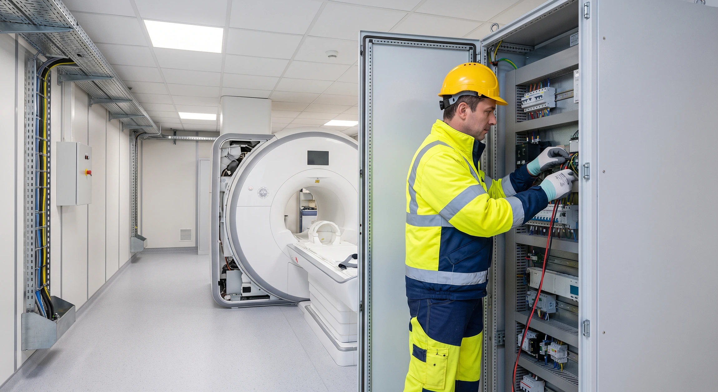 Électricien en tenue de travail effectuant le raccordement électrique d'un scanner médical IRM dans une salle d'imagerie hospitalière, équipement moderne visible en arrière-plan, couloir ou zone techniques d'hôpital avec gaines et câblage professionnels.