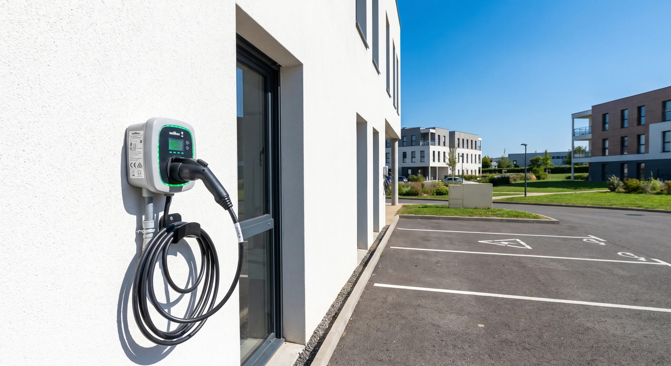 Borne de recharge pour véhicule électrique de type Wallbox montée en façade sur mur blanc d'immeuble tertiaire moderne, connecteur Type 2 visible, écran de diagnostic LED, câble enroulé, installation neuve certifiée, fond urbain pro collectivité.