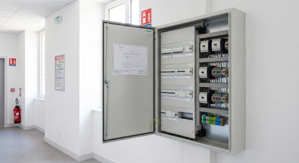 Armoire électrique tertiaire de marque Legrand ou Schneider Electric ouverte ou fermée, fixée au mur d'un couloir d'établissement scolaire communal. Boîtier métallique blanc ou gris clair, disjoncteurs modulaires visibles, schéma électrique sur porte intérieure. Environnement administratif lumineux : peinture blanche murale, signalétique de sécurité incendie, pas d'équipement de protection lourd (casque, lunettes). Installation conforme tertiaire collectivité.