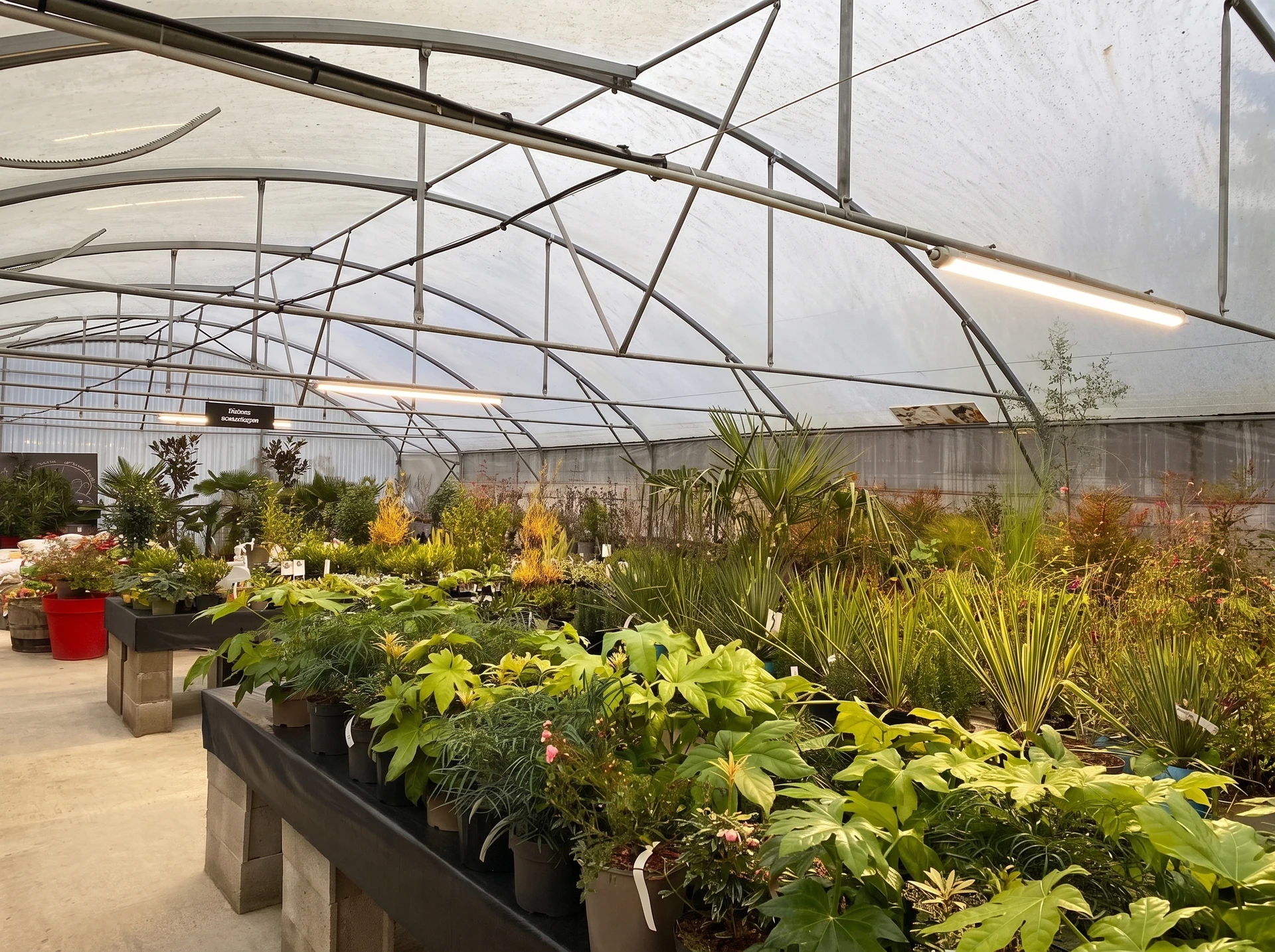 Serre commerciale de vente de plantes, structure tunnel en acier galvanisé à arceaux paraboliques, couverture en polyéthylène translucide