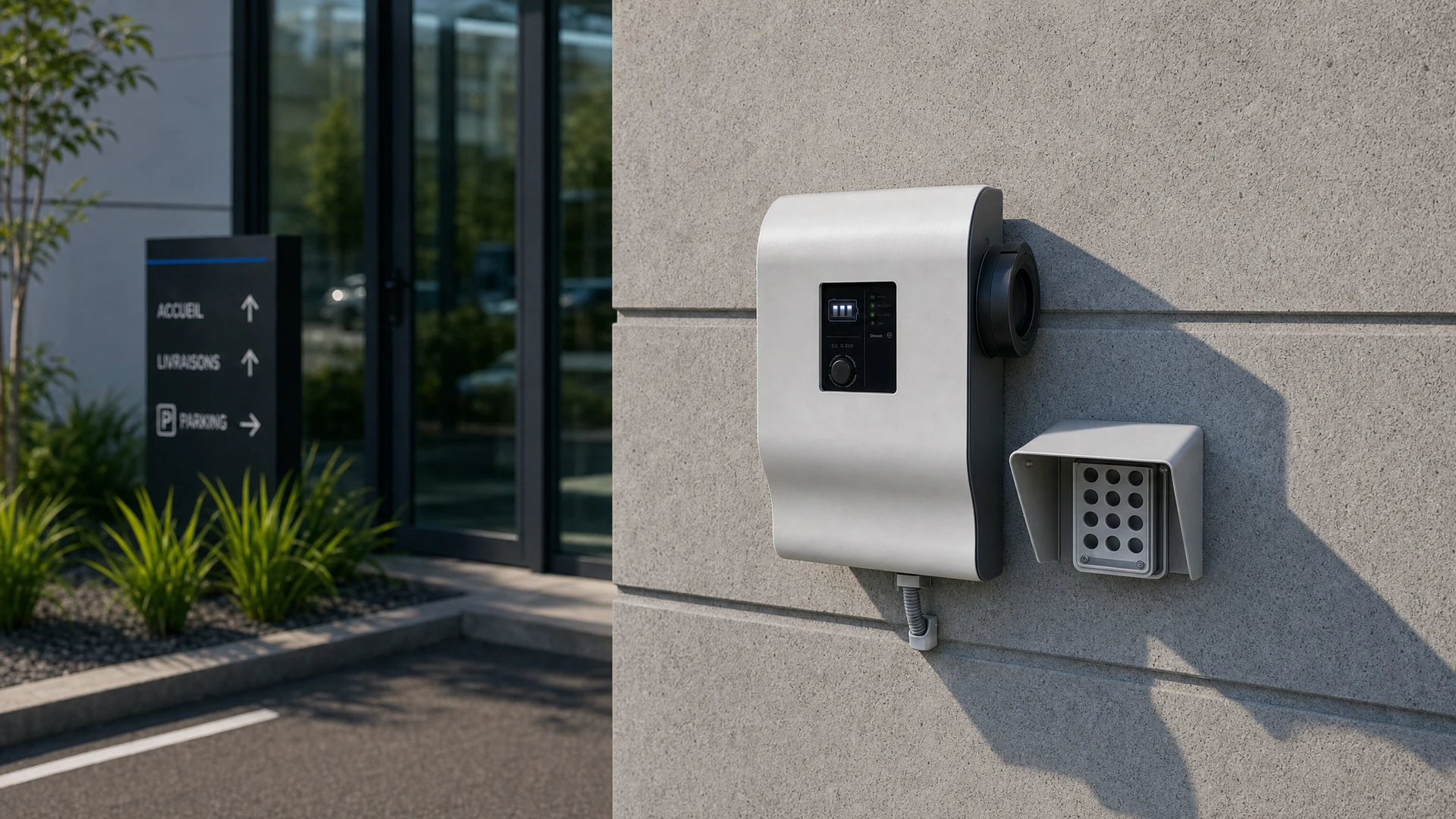 Borne de recharge IRVE murale Type 2 installée sur la façade extérieure d'un bâtiment tertiaire en brique grise, connectée à un tableau électrique professionnel visible à proximité avec câbles de puissance gainés. Écran tactile de la borne allumé affichant l'état de charge, boîtier blanc brillant avec connecteur Type 2, parking d'entreprise en arrière-plan avec marquage de place réservée aux véhicules électriques.