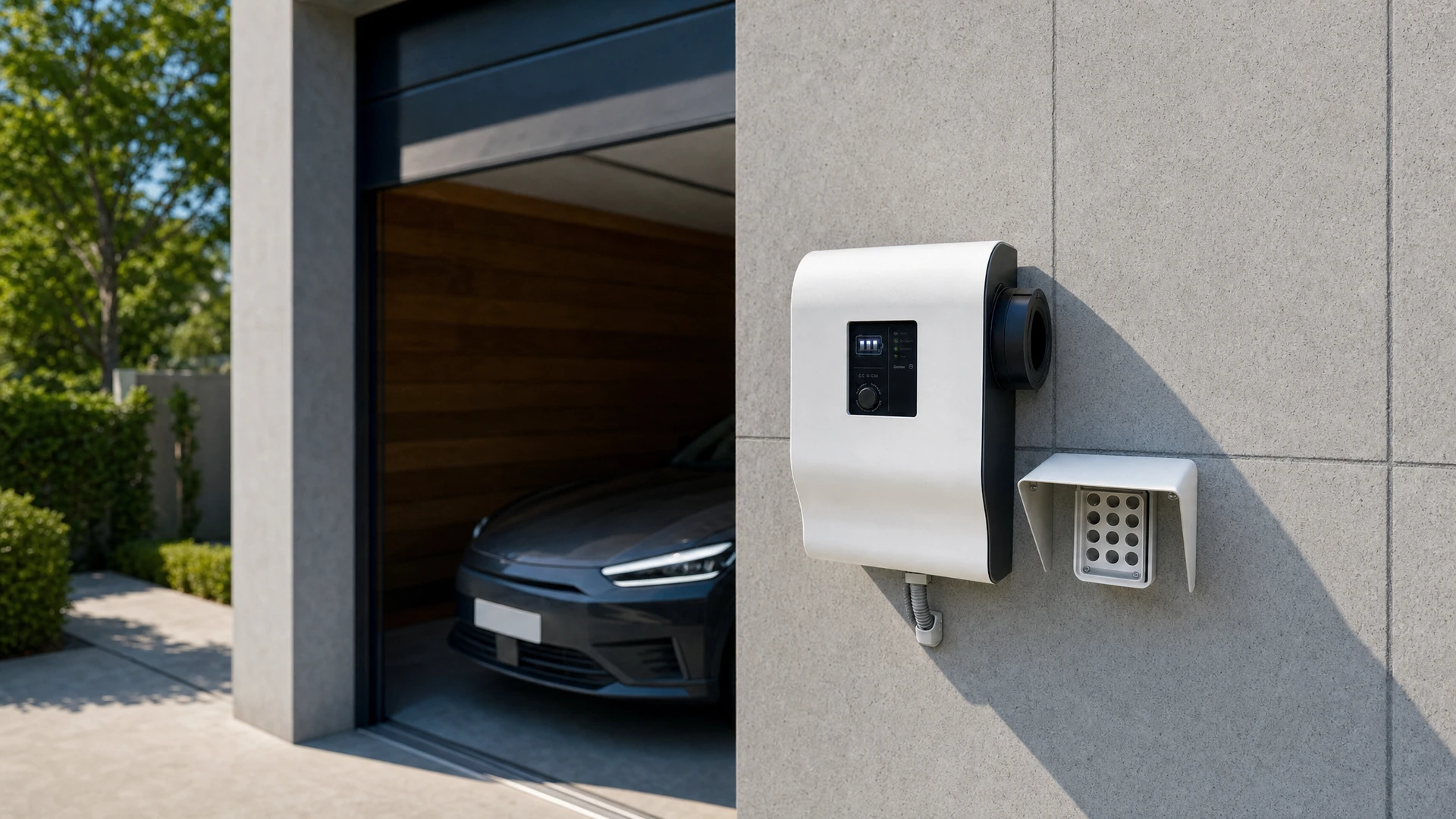Électricien en vêtements professionnels installant une borne de recharge Type 2 murale sur la façade extérieure d'une maison individuelle, effectuant le raccordement des câbles électriques au tableau de distribution situé à proximité, intervention complète d'installation IRVE domestique en milieu résidentiel.